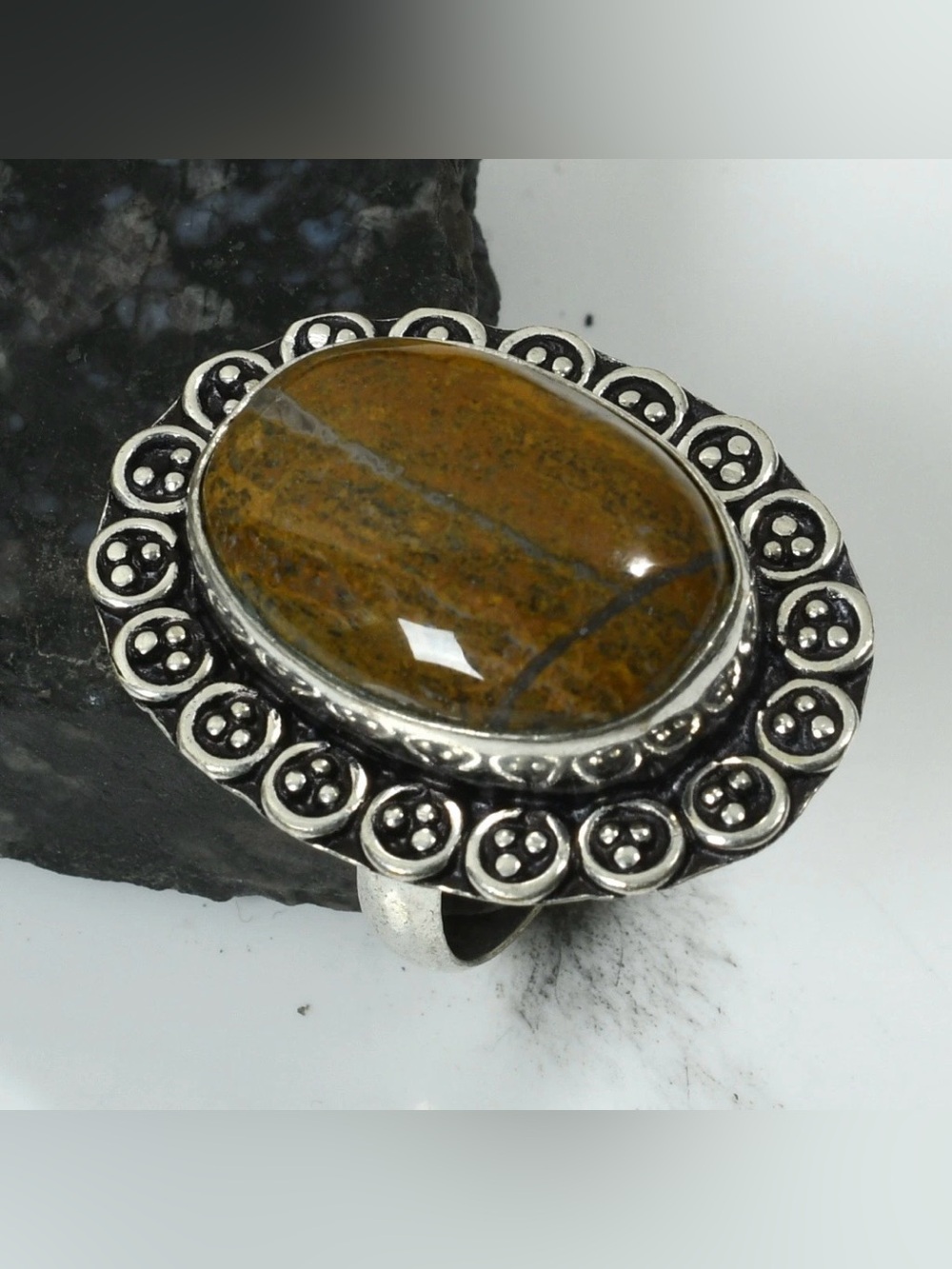Yellow Moss Agate Gemstone Ethnic Handmade Ring Size-8